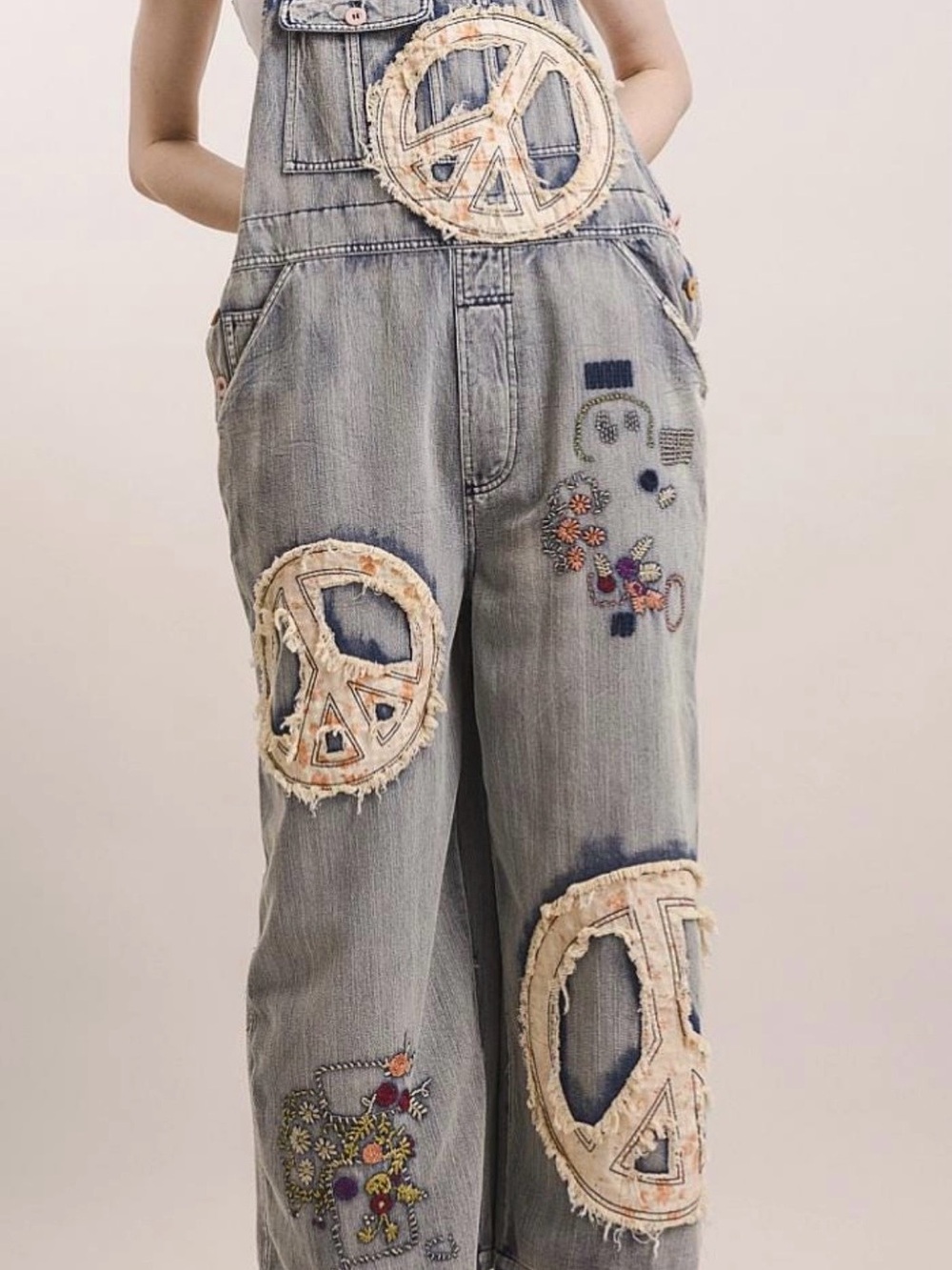 BlueVelvet Denim Women's Embroidered Overalls with Peace Patch Details